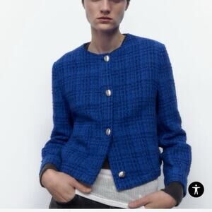 Zara Blue Tweed Plaid Jacket Metal Buttons Size XS